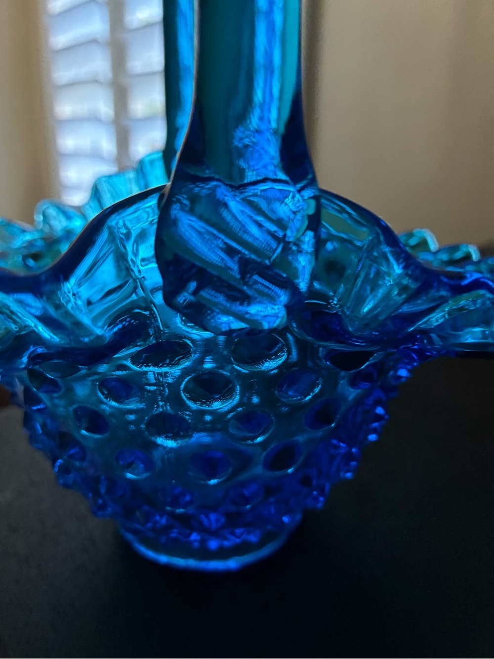 Fenton Blue Hobnail Glass Basket with Ruffled Edge - Picture 3 of 6